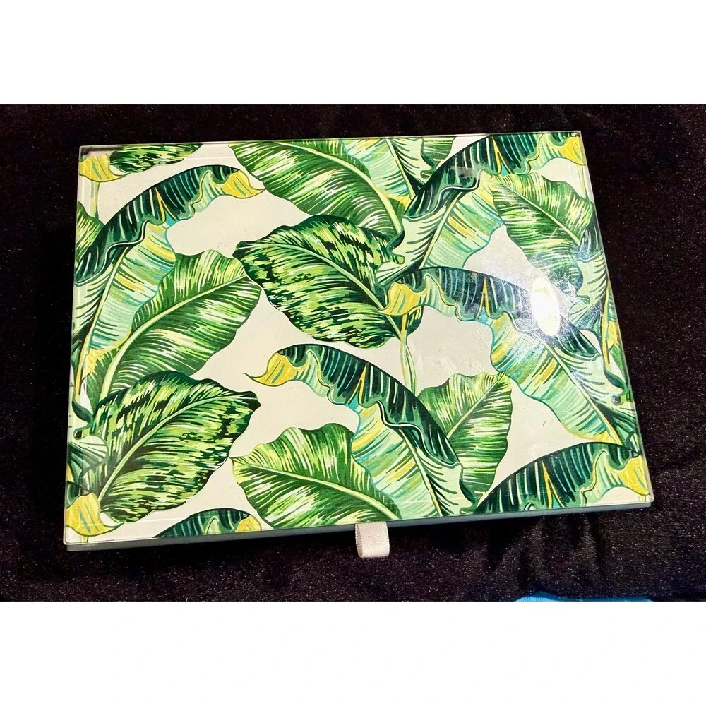 Tommy Bahama Glass Keepsake Box Tropical Banana Leaf Print - Jewelry Box Storage